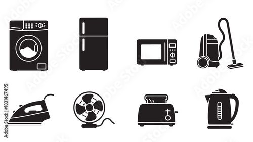Household Appliance Icons Vector Set: Washing Machine, Fridge, Microwave, Vacuum Cleaner, Iron, Fan, Toaster and Kettle Equipment Elements