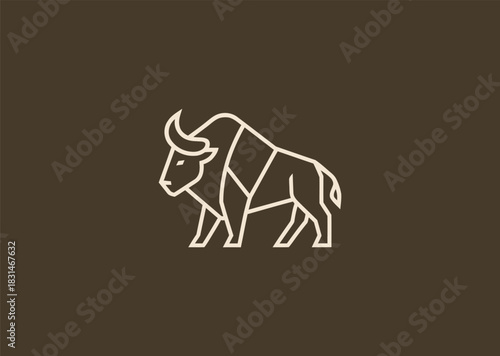 A simple geometric buffalo logo created with clean angular lines highlighting its strong horns and sturdy frame, symbolizing power, resilience, and grounded stability