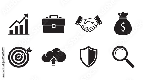 Business and Finance Icon Set: Growth, Briefcase, Handshake, Money Bag, Target, Cloud, Shield, Magnifier - Commerce Vectors