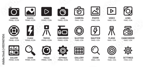 Camera photo video lens shutter flash tripod camcorder gallery zoom focus settings outline glyph solid icon set