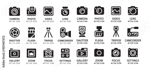 Camera photo video lens shutter flash tripod camcorder settings gallery active icon vector set