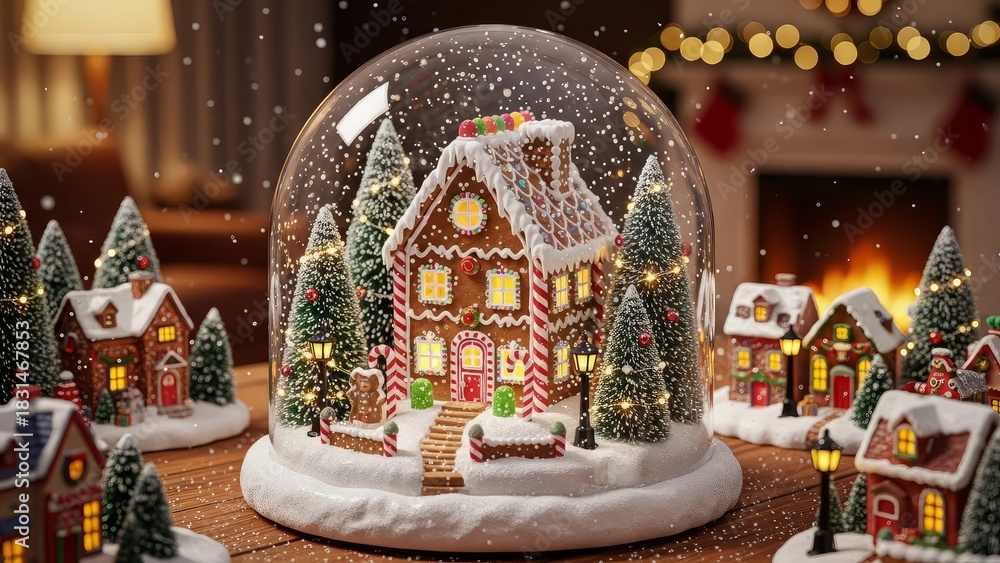 Naklejka premium A festive christmas scene featuring a gingerbread house inside a snow globe decoration christams photos