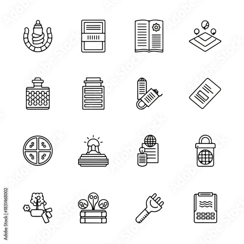 Flat lay of various line icons representing business and education for Hornbill Festival against a clean white background with a professional and informative mood.
