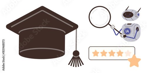 Graduation cap, magnifying glass, AI robot analyzing, and 5-star rating highlight academic performance review. Ideal for education, AI, achievement, analysis, learning technology and quality