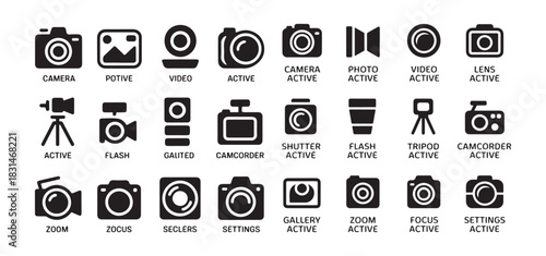 Active camera icon set for web and mobile applications including camera photo video shutter flash tripod camcorder gallery zoom focus settings