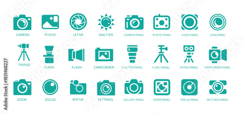 Camera panel icon set for photography interface including camera photo video lens shutter flash tripod camcorder gallery zoom focus settings