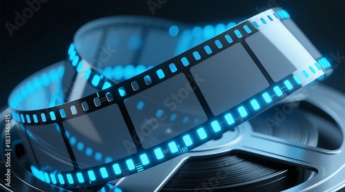Close up view of cinematic film reel with glowing blue highlights showcasing motion picture
