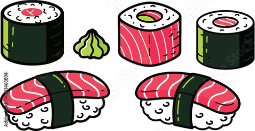 Delicious Assortment of Fresh Sushi Rolls and Nigiri with Wasabi.