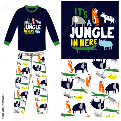 boys long t shirt long pant animals jungle print 