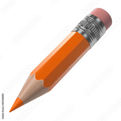 A sharp orange hexagonal pencil with a pink eraser and silver ferrule isolated on a transparent background