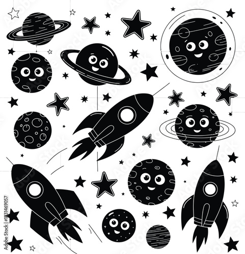 Black and White Space Objects Doodle Pattern Keywords: space, rocket, planet, stars, moon