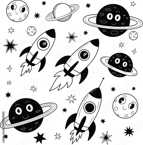 Cartoon Space Objects and Rockets Doodle Art Keywords: space, rocket, planet, stars, moon