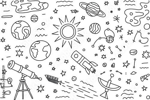 Hand- Drawn Space Scene with Telescope and Rocket Keywords: space, rocket, planet, stars, sun