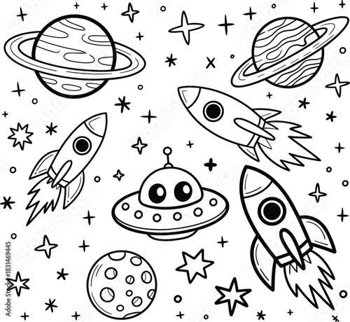Whimsical Space Doodle with Rockets and UF Os Keywords: space, rocket, planet, stars, moon