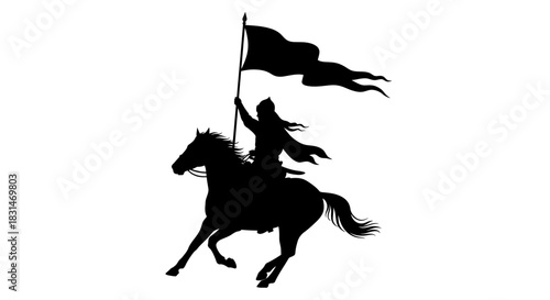 Dynamic black silhouette of warrior on horseback with flag in hand, evoking themes of strength, leadership, and historical conquest in striking monochrome