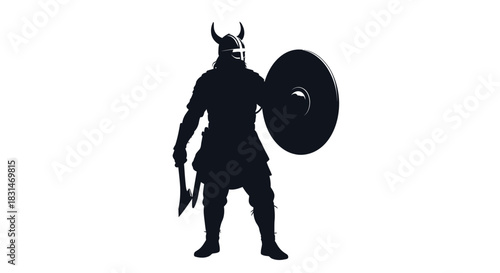 Powerful viking warrior silhouette with axe and shield ready for battle, evokes strength and Nordic heritage, isolated on white background for versatile design use
