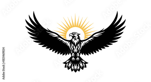Majestic eagle soars toward the sun, a powerful symbol of freedom and strength, perfect for logos, branding, and patriotic themes, visually striking