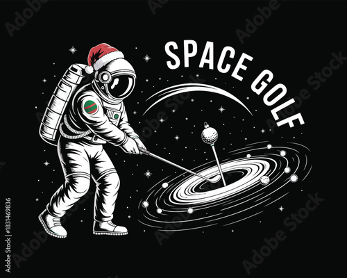 Astronaut wearing a santa hat plays golf in outer space with a galaxy background