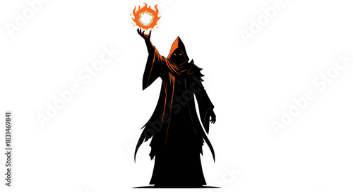 Mysterious sorcerer casting a fire spell, shrouded in shadows, perfect for fantasy game design and captivating book covers, invoking magic and adventure