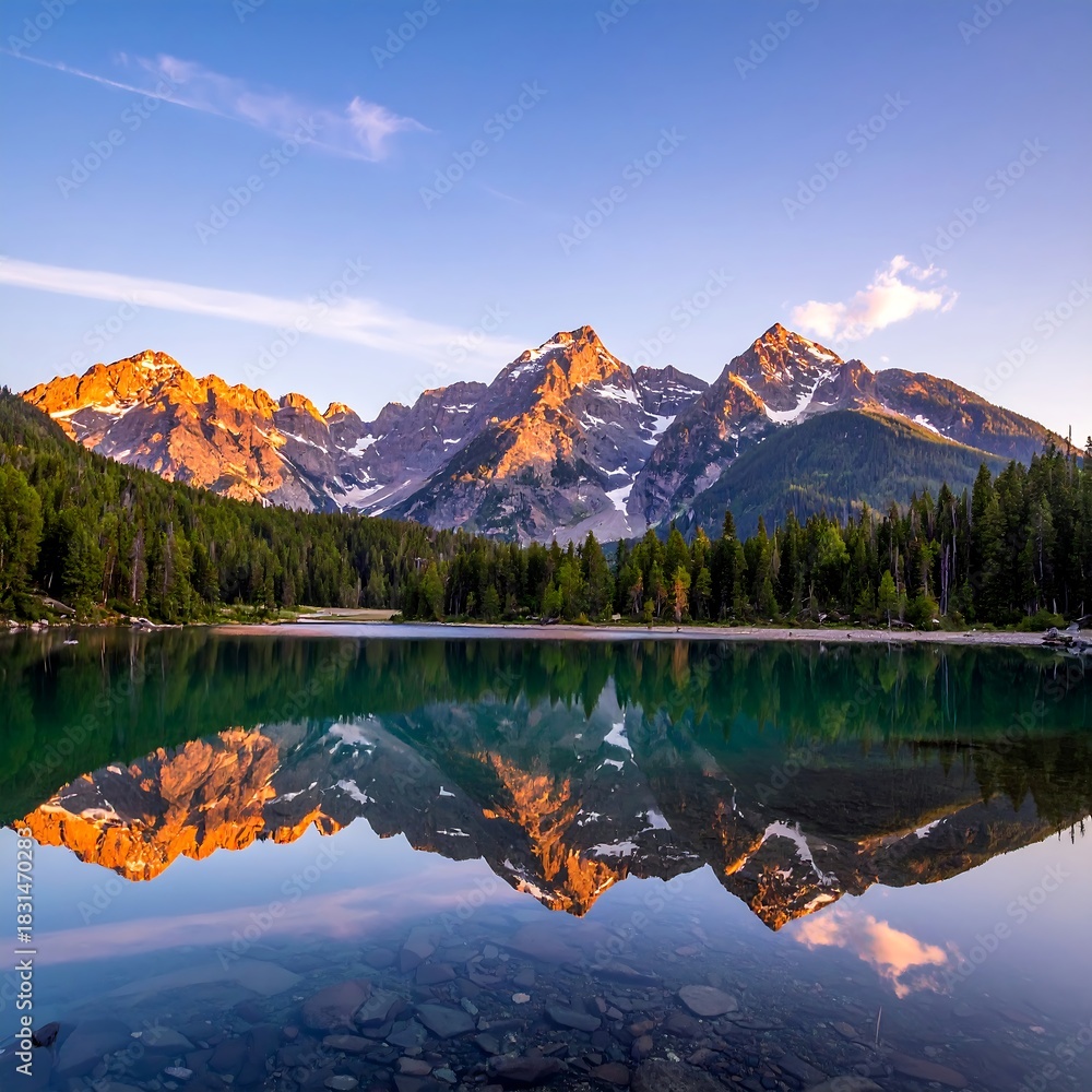 Obraz premium Serene mountain landscape with lake and reflections under clear skies