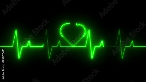 Neon heartbeat line with glowing stethoscope heart animation on dark background, medical cardiology pulse monitor, neon ECG line health check graphic, loop able healthcare animation