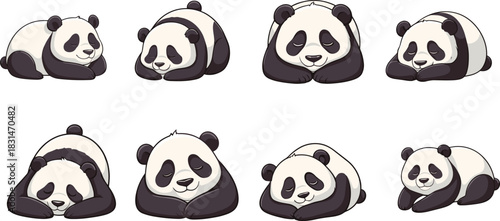 Cute cartoon panda sleeping poses collection, adorable resting bear illustrations, relaxing wildlife animal characters on clean white background for stock use