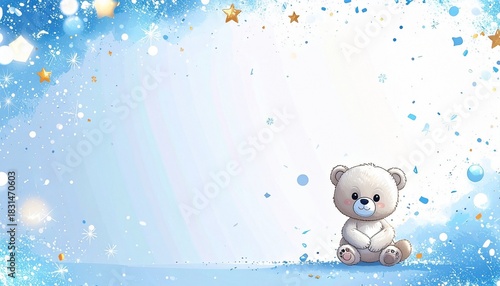 Charming cartoon teddy bear on a gentle blue watercolor backdrop with golden stars and bokeh, ideal for a boy's birth announcement