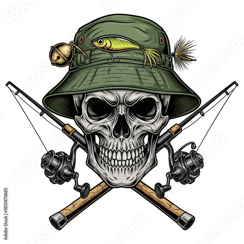 Skull wearing fishing bucket hat with crossed fishing rods in a pirate style design