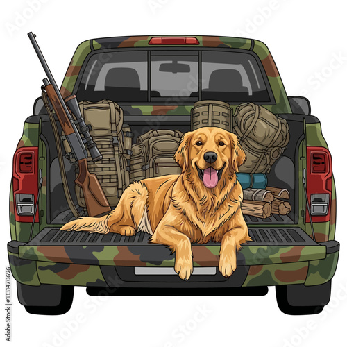 Happy golden retriever dog in camo pickup truck with hunting gear and rifle