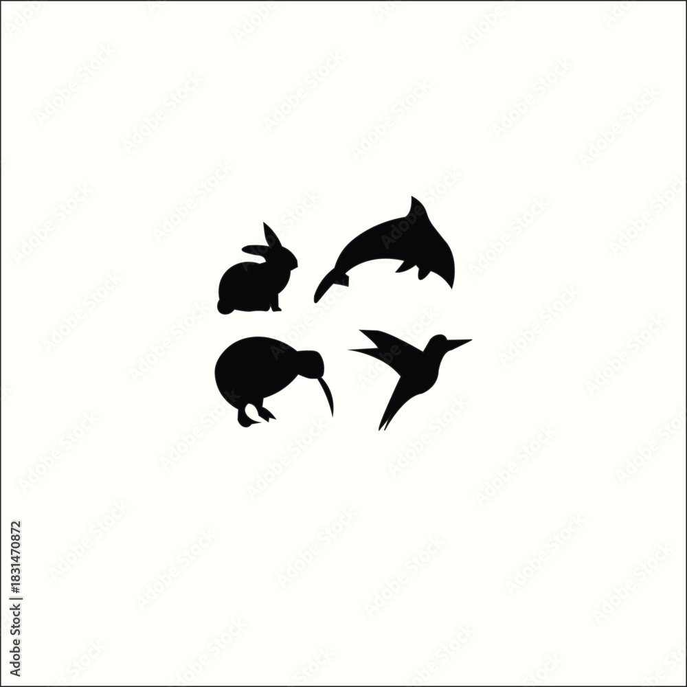 Naklejka premium Animal silhouette set with rabbit dolphin kiwi bird and hummingbird on white background
