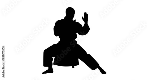 Dynamic silhouette of martial artist in defensive stance, powerful karate fighter ready for action, symbolizing strength and discipline, perfect for sports promotion