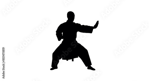Dynamic silhouette of martial artist practicing self-defense techniques, conveying strength, focus, and discipline for fitness and wellness promotions