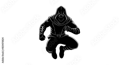 Mysterious hooded figure leaping into action in striking monochrome, perfect for gaming concepts, fantasy illustrations, and action-packed designs