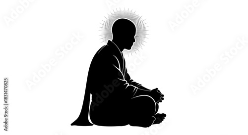 Meditative monk silhouette radiating peace, perfect for spiritual designs and tranquil visualizations inspiring mindfulness and serenity in minimalist style