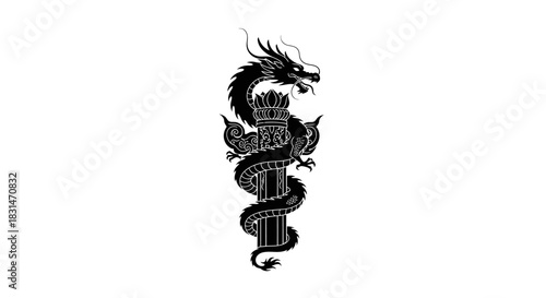 Powerful black dragon gracefully coiling around an ancient pillar in striking monochrome, perfect for bold designs and evocative storytelling elements