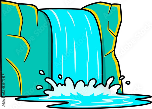 Cartoon Waterfall Flowing into Pool with Splashes.