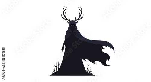 Eerie silhouette of hooded figure with antlers evokes mystery and folklore, perfect for fantasy novels, Halloween themes, or dark art projects