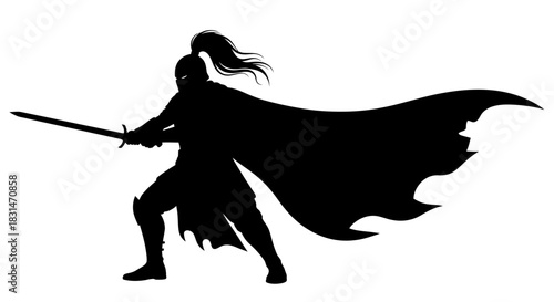 Epic warrior silhouette with sword and cape, ready for battle, fantasy concept for game art, book covers, and graphic novels, powerful and dynamic pose