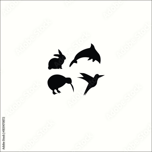 Animal silhouette set with rabbit dolphin kiwi bird and hummingbird on white background