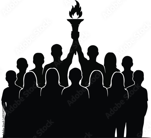 Group of people holding up a flaming torch flame fire