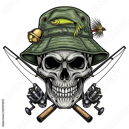 Skull wearing fishing bucket hat with crossed fishing rods in a pirate style design