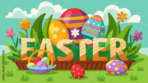 Vector illustration of words 'Happy Easter' on a card, colorful painted eggs in a basket on green grass, with flowers