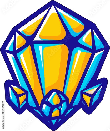 Vibrant blue and yellow diamond gem with smaller surrounding gems.