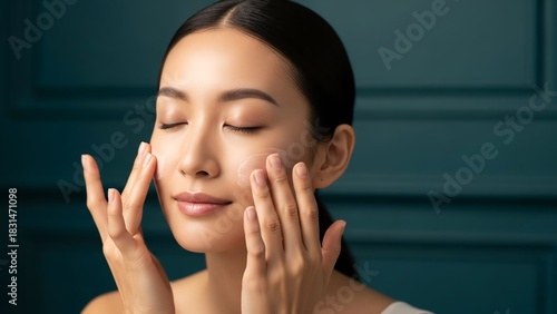 Asian Woman Applying Skincare Gentle Touch, Healthy Glow, and Radiance on the Face with Closed Eyes