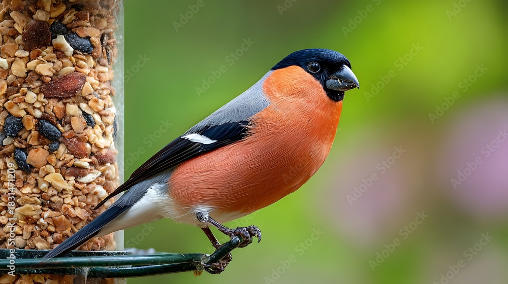 Naklejka premium Wildlife of a small redbreast robin and red cardinal songbird perched on a tree branch in a winter garden