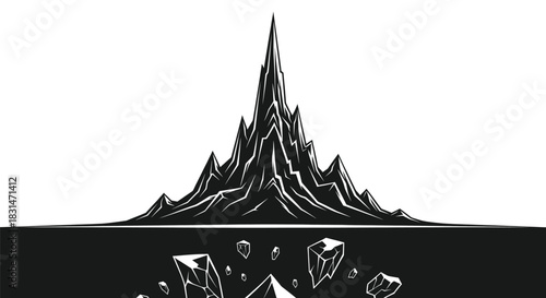 Dramatic black and white vector illustration of a sharp, jagged mountain peak erupting from a dark ground with ice shards flying upwards