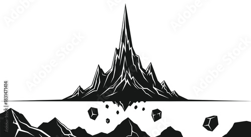 Dramatic black and white vector illustration of a jagged, sharp mountain peak rising from a fractured landscape with floating rock debris