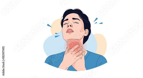 Illustration of a person experiencing a sore throat with inflamed redness and hands holding their neck.