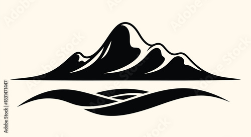 Minimalist black and white silhouette vector graphic design of mountain range reflecting over water, perfect for logo or emblem