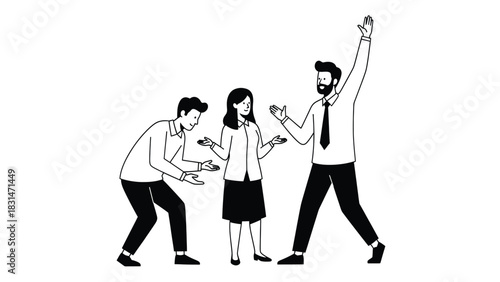 Three business people gesturing with open hands in discussion or presentation